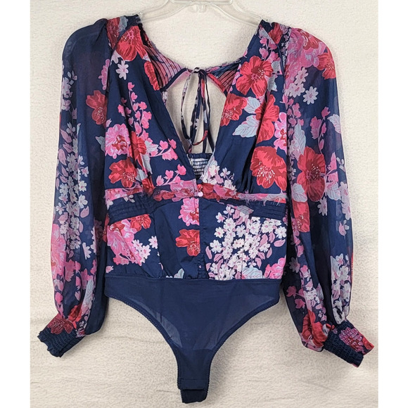 Free People Wanderlust Bodysuit Midnight Combo Floral Puff Sleeve Women's Size M - Picture 1 of 10